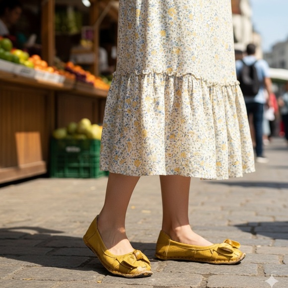 Yellow Leather Bow Flats with Elastic Edges - Picture 3 of 10